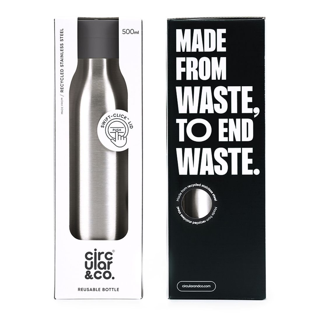 stainless steel reusable water bottle storm grey in packaging 