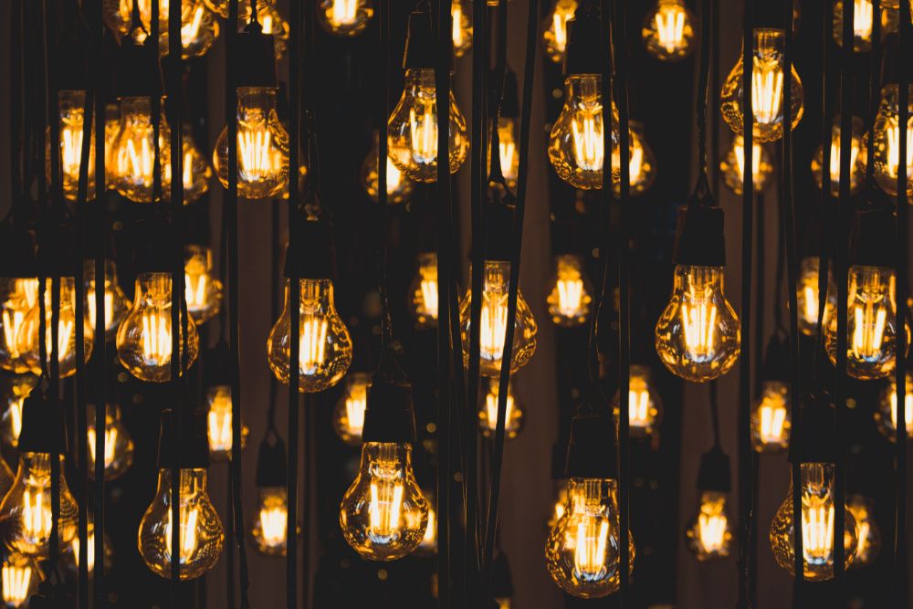 Dark room full of illuminated hanging lightbulbs.