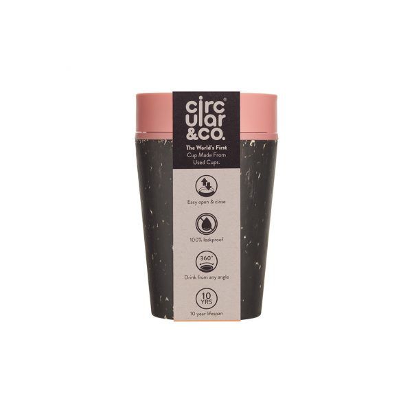 Circular Reusable Coffee Cup 8oz black and pink