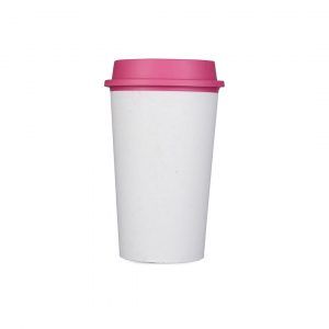 white reusable cup with pink lid