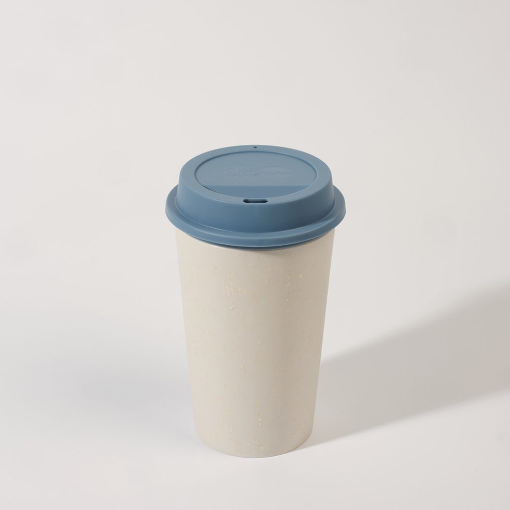 white reusable cup with blue lid