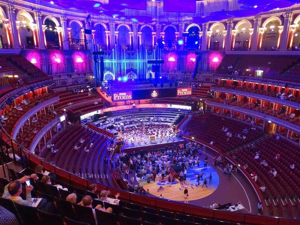 View of the Royal Albert Hall stage from direct facing balcony.