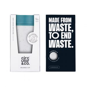 white reusable cup with blue lid in cardboard packaging