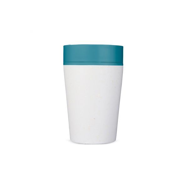 white reusable cup with blue lid