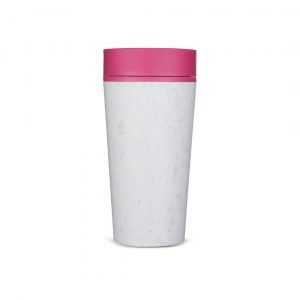 white reusable cup with pink lid