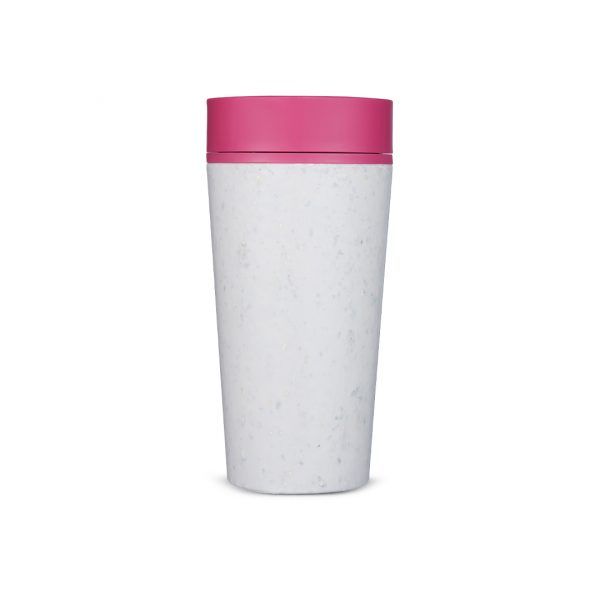 white reusable cup with pink lid