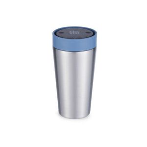 12oz reusable stainless steel travel mug with blue lid