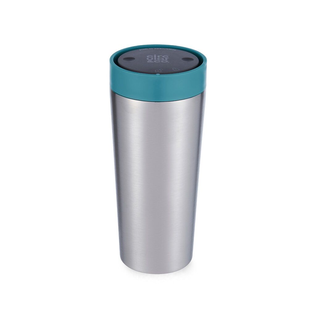 16oz reusable stainless steel travel mug with green lid