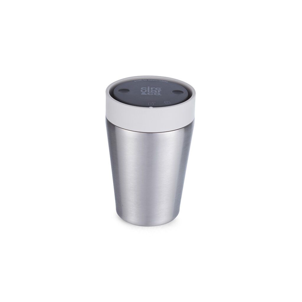 8oz reusable stainless steel travel mug with white lid