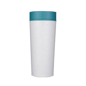 white reusable cup with blue lid