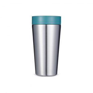 steel reusable cup with green lid