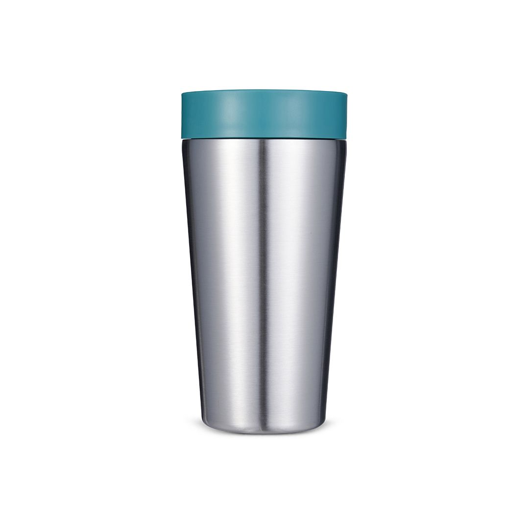 steel reusable cup with green lid