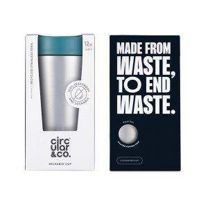 steel reusable cup with green lid in cardboard packaging