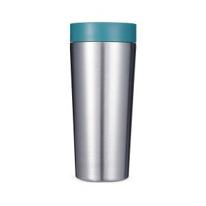 steel reusable cup with blue lid