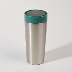 steel reusable cup with green lid