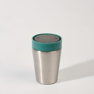 steel reusable cup with green lid