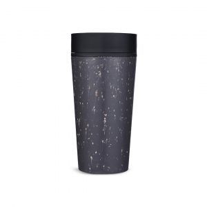 black reusable cup with black lid