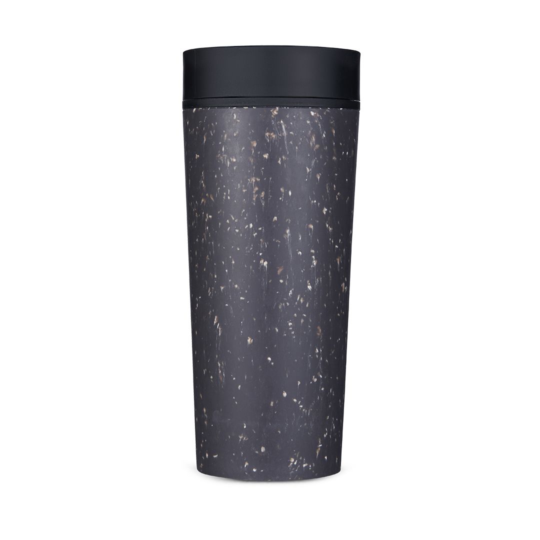 black reusable cup with black lid