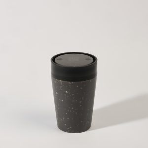 black reusable cup with black lid