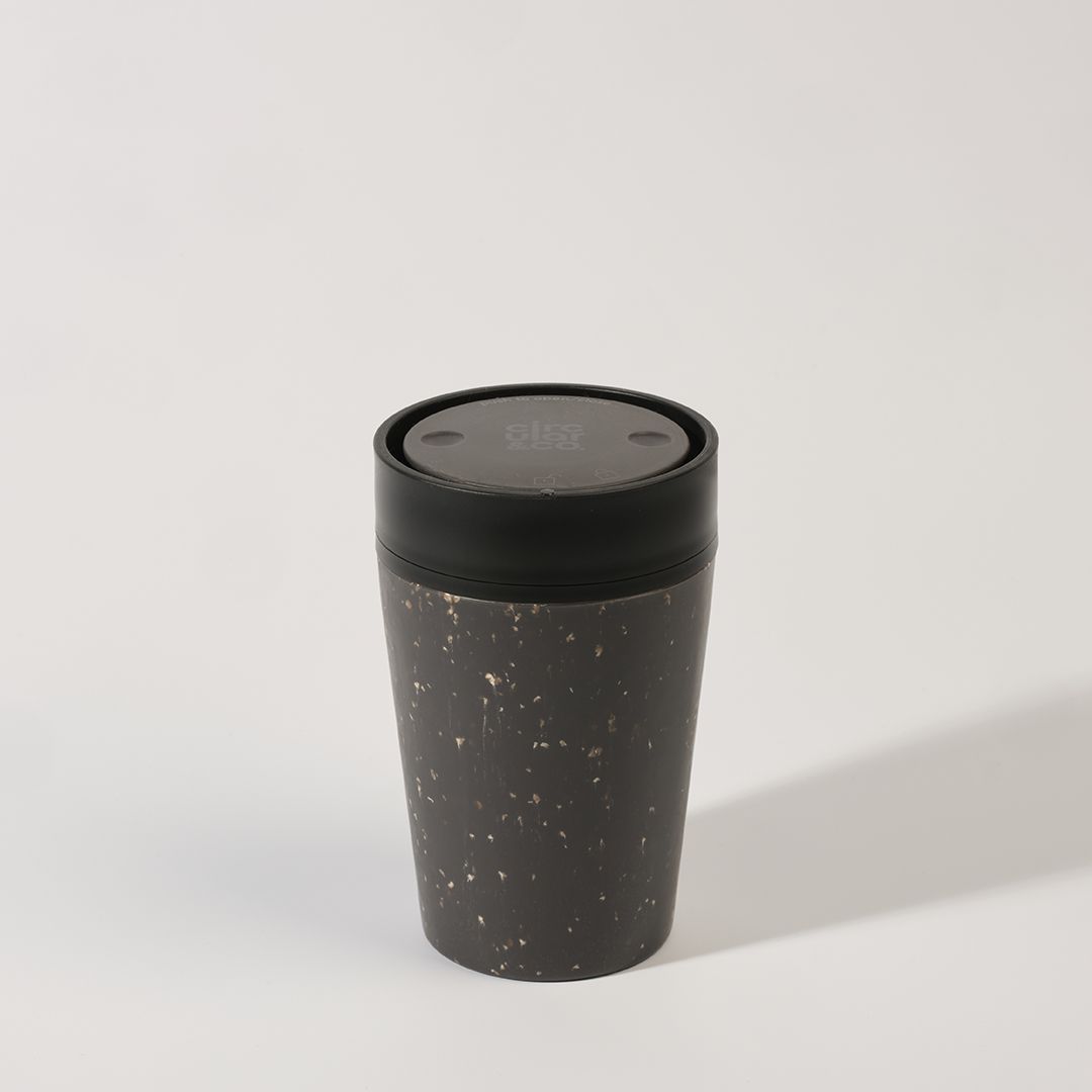 black reusable cup with black lid