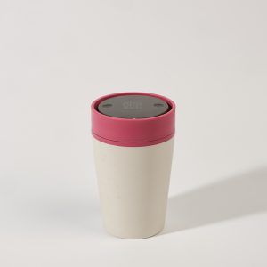 white reusable cup with pink lid