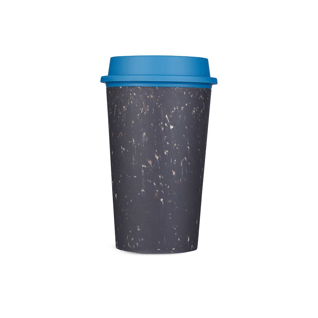 black reusable cup with blue lid