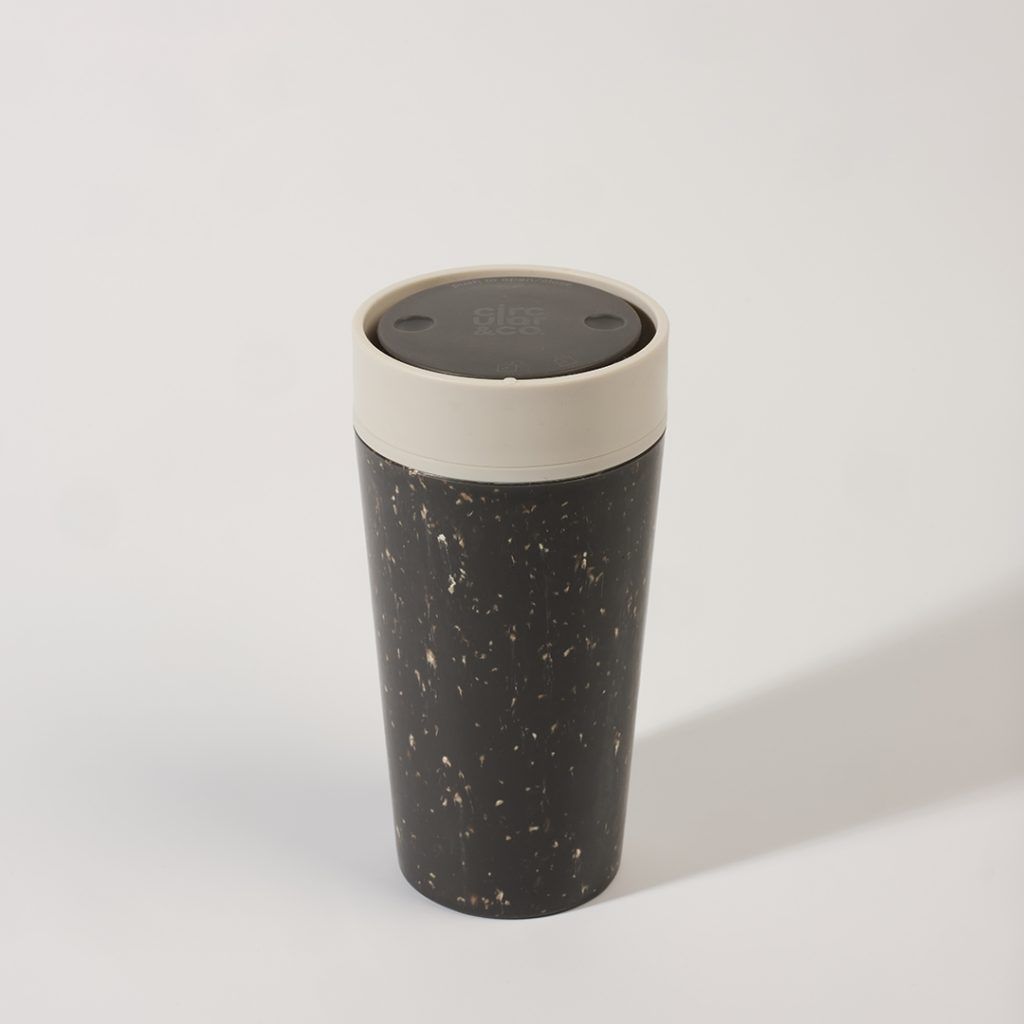 black reusable cup with white lid