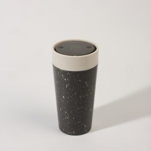 black reusable cup with white lid