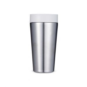 steel reusable cup with white lid