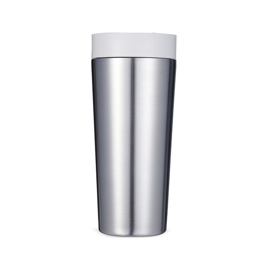 steel reusable cup with white lid