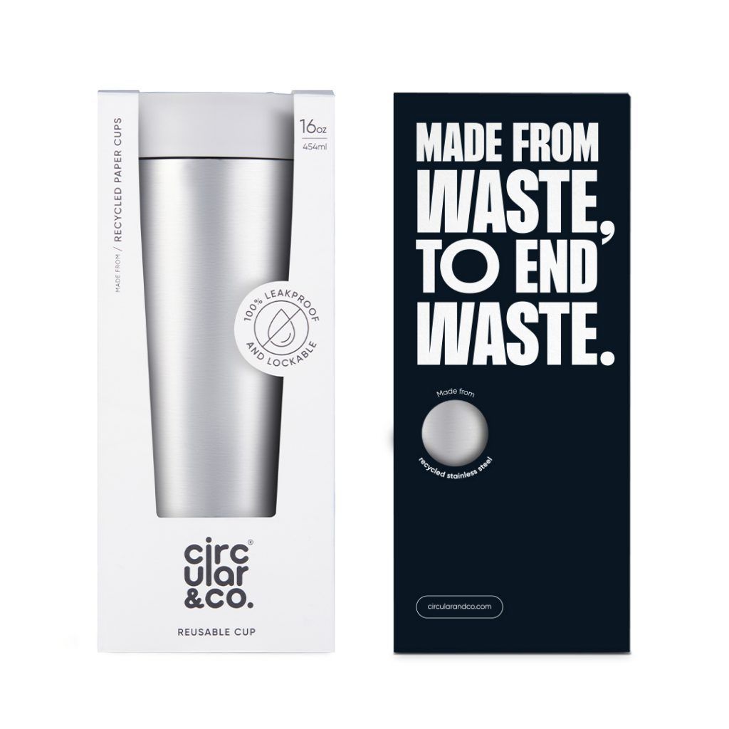 steel reusable cup with white lid in cardboard packaging