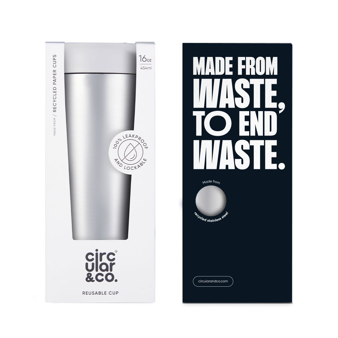 steel reusable cup with white lid in cardboard packaging