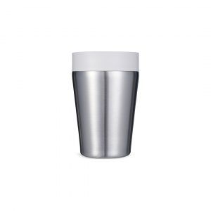 steel reusable cup with white lid