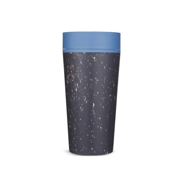 black reusable cup with blue lid