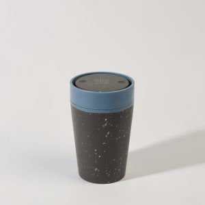 black reusable cup with blue lid