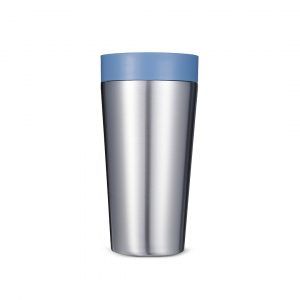 steel reusable cup with blue lid