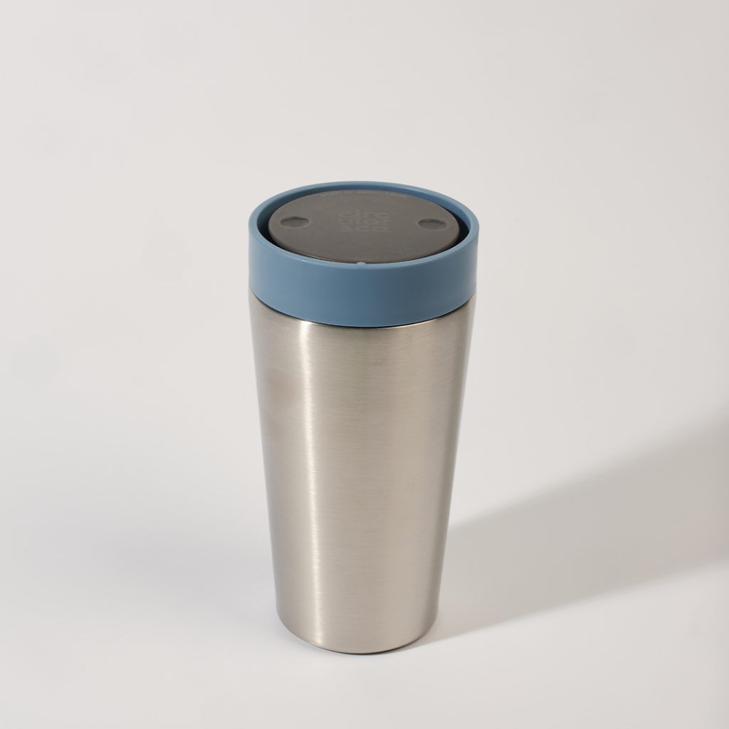 steel reusable cup with blue lid