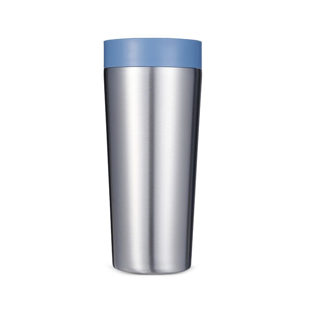 steel reusable cup with blue lid