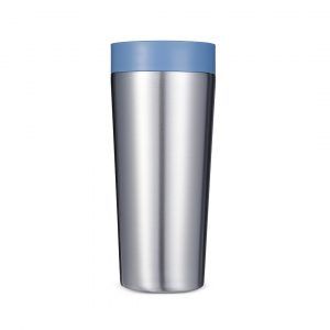 steel reusable cup with blue lid