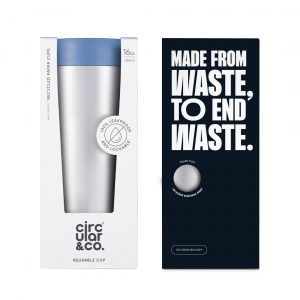 steel reusable cup with blue lid in cardboard packaging