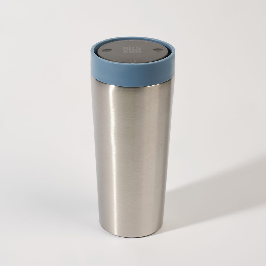 steel reusable cup with blue lid