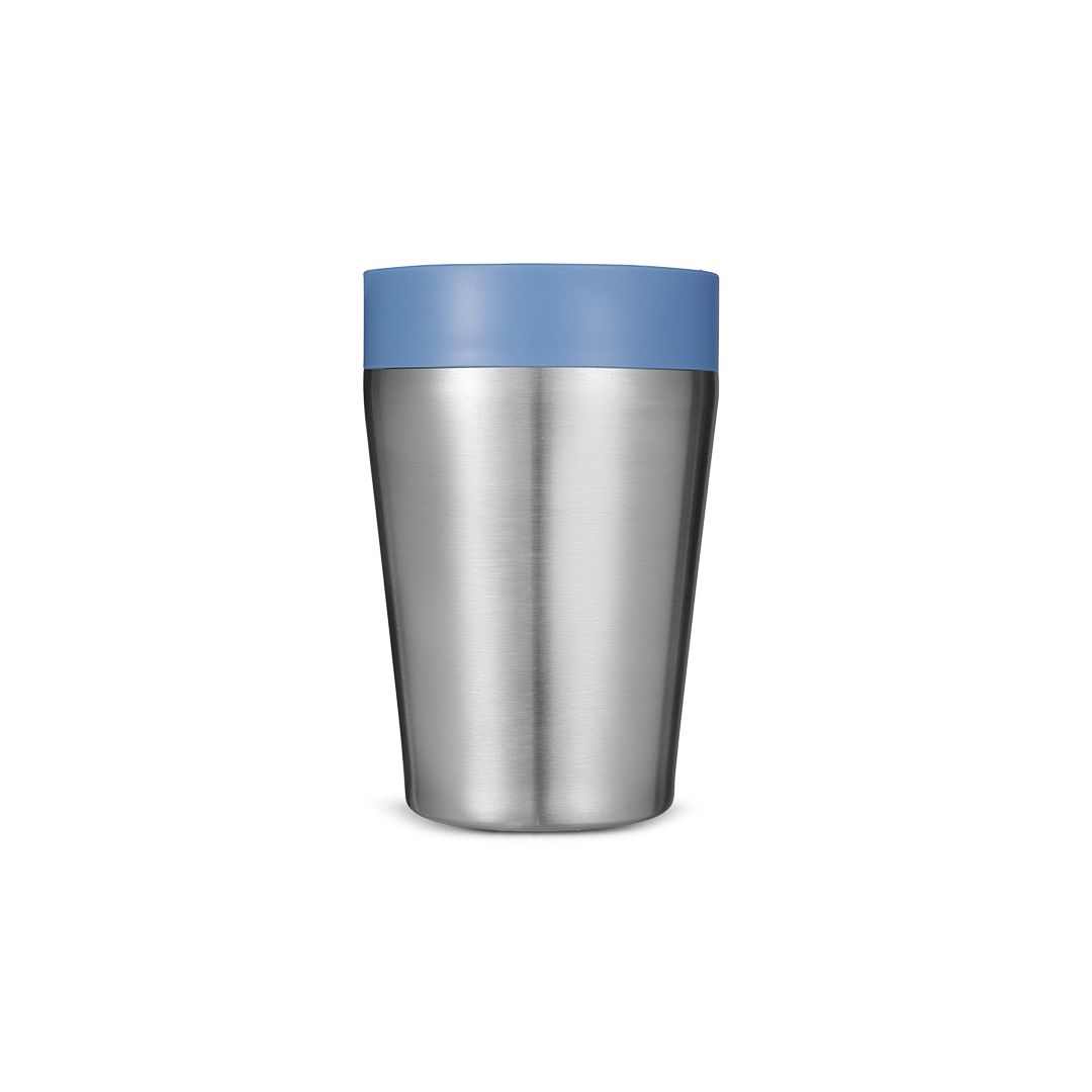 steel reusable cup with blue lid