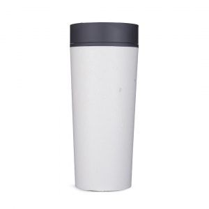 white reusable cup with black lid