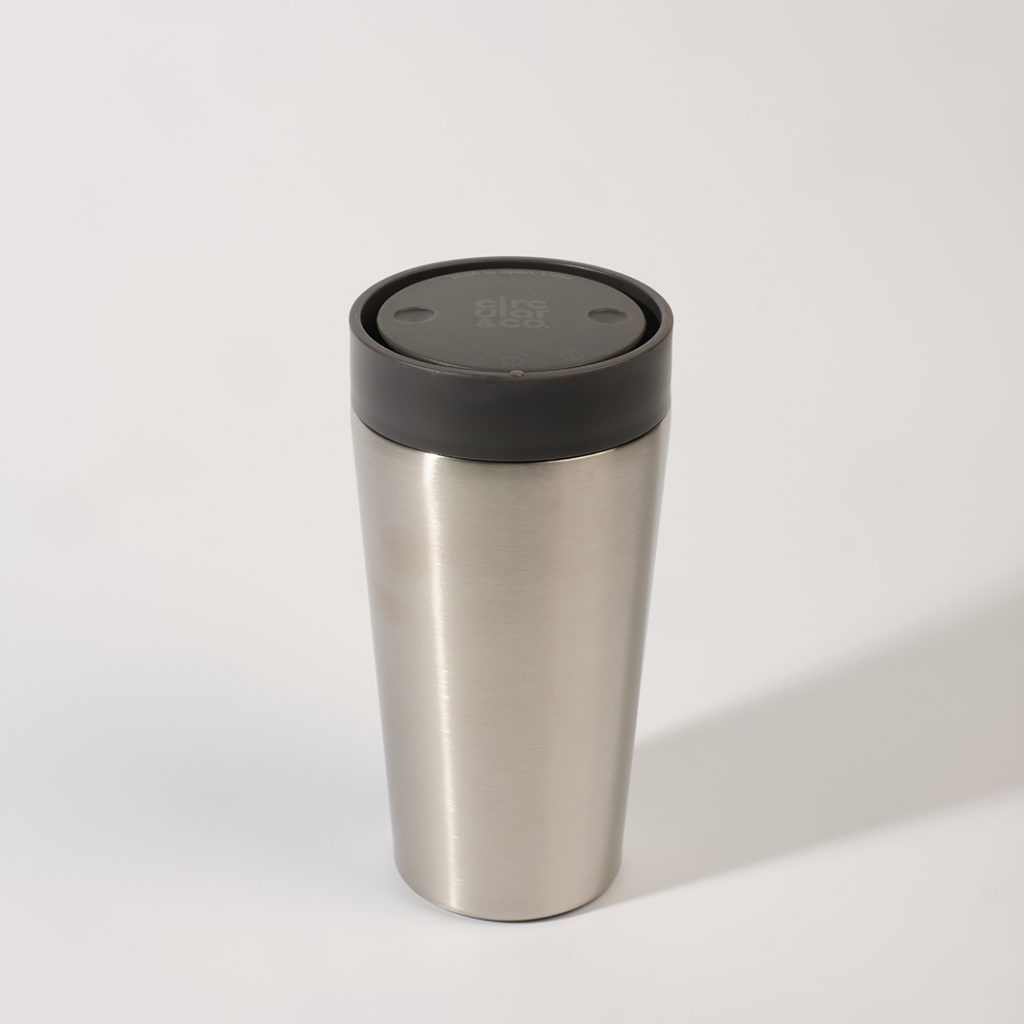 steel reusable cup with black lid