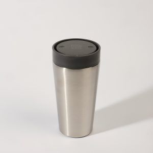 steel reusable cup with black lid