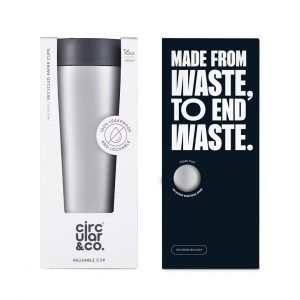 steel reusable cup with grey lid in cardboard packaging