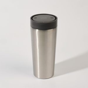 steel reusable cup with black lid