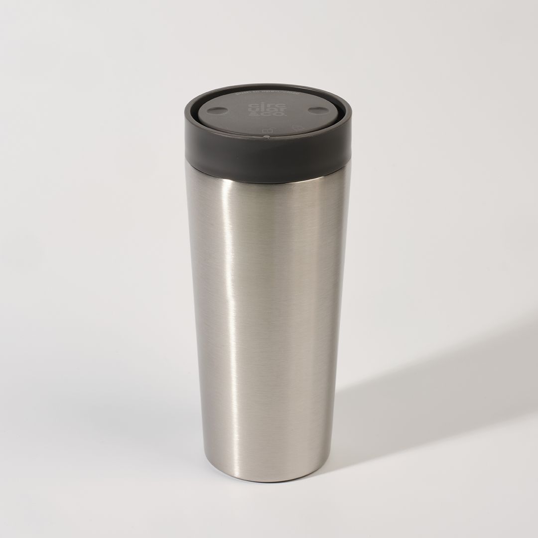 steel reusable cup with black lid
