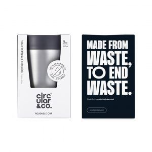 steel reusable mug in cardboard packaging