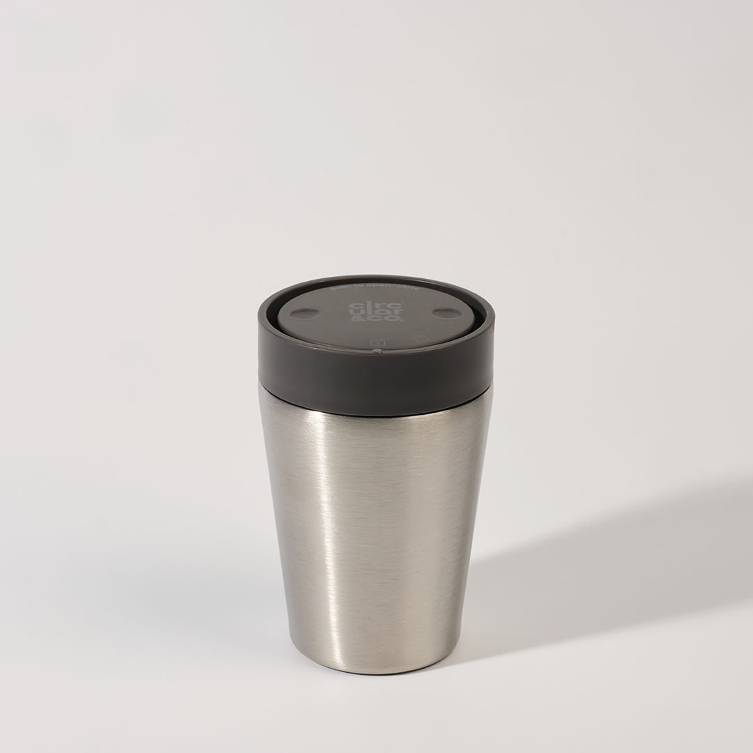 steel reusable cup with black lid